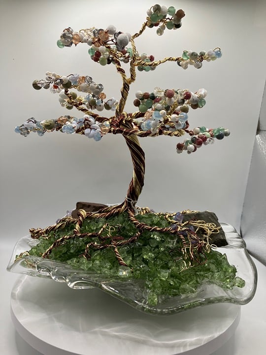 Bonsai Tree Wire Beaded Handcrafted 10 in x 8 in Copper Wire Gemstones 2286