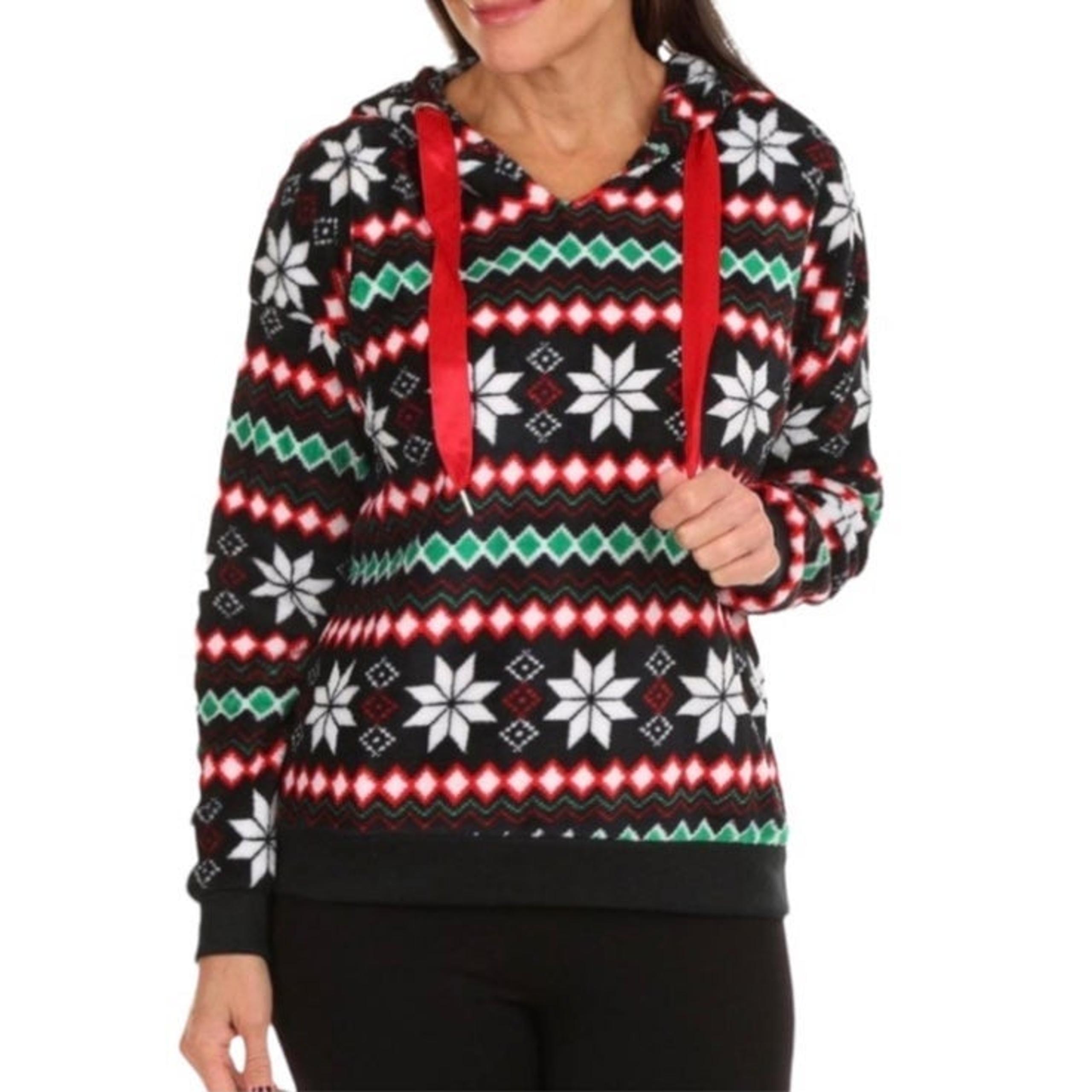Derek Heart Women’s Fairisle Christmas Print Plush Fleece Pullover Hoodie NWT