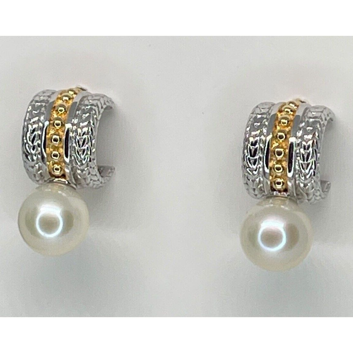 Pearl Huggie Hoop Earrings (7mm) Two Tone 14K Gold Vermeil Luxury Trendy Stylish