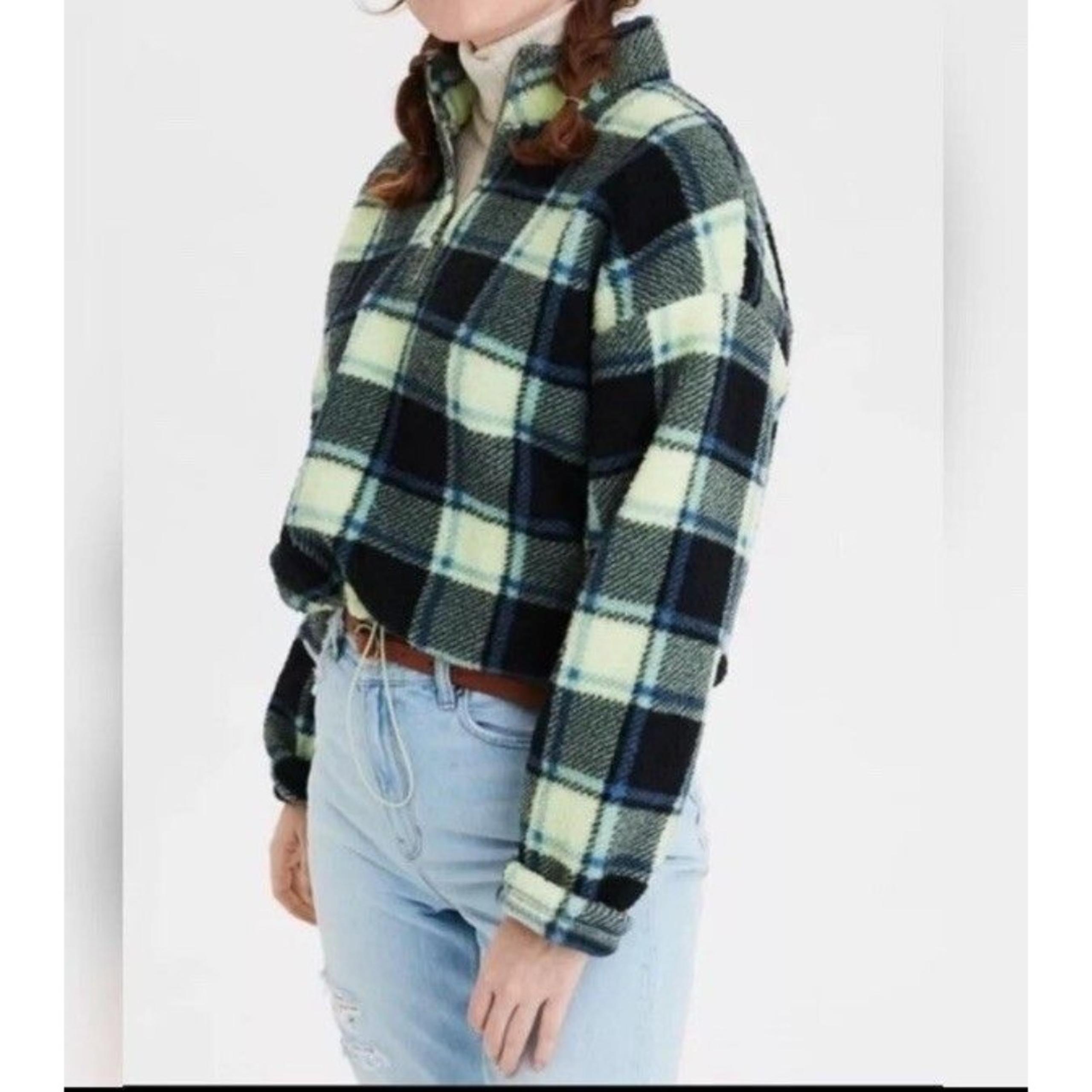 American Eagle Plaid Cozy Sherpa Fleece Quarter Zip Pullover Jacket Green Small