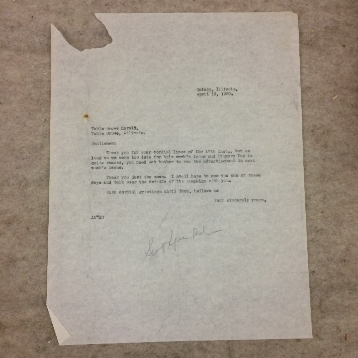 Vtg Letter Quincy IL Table Grove Herald Kespohl Campaign 1930