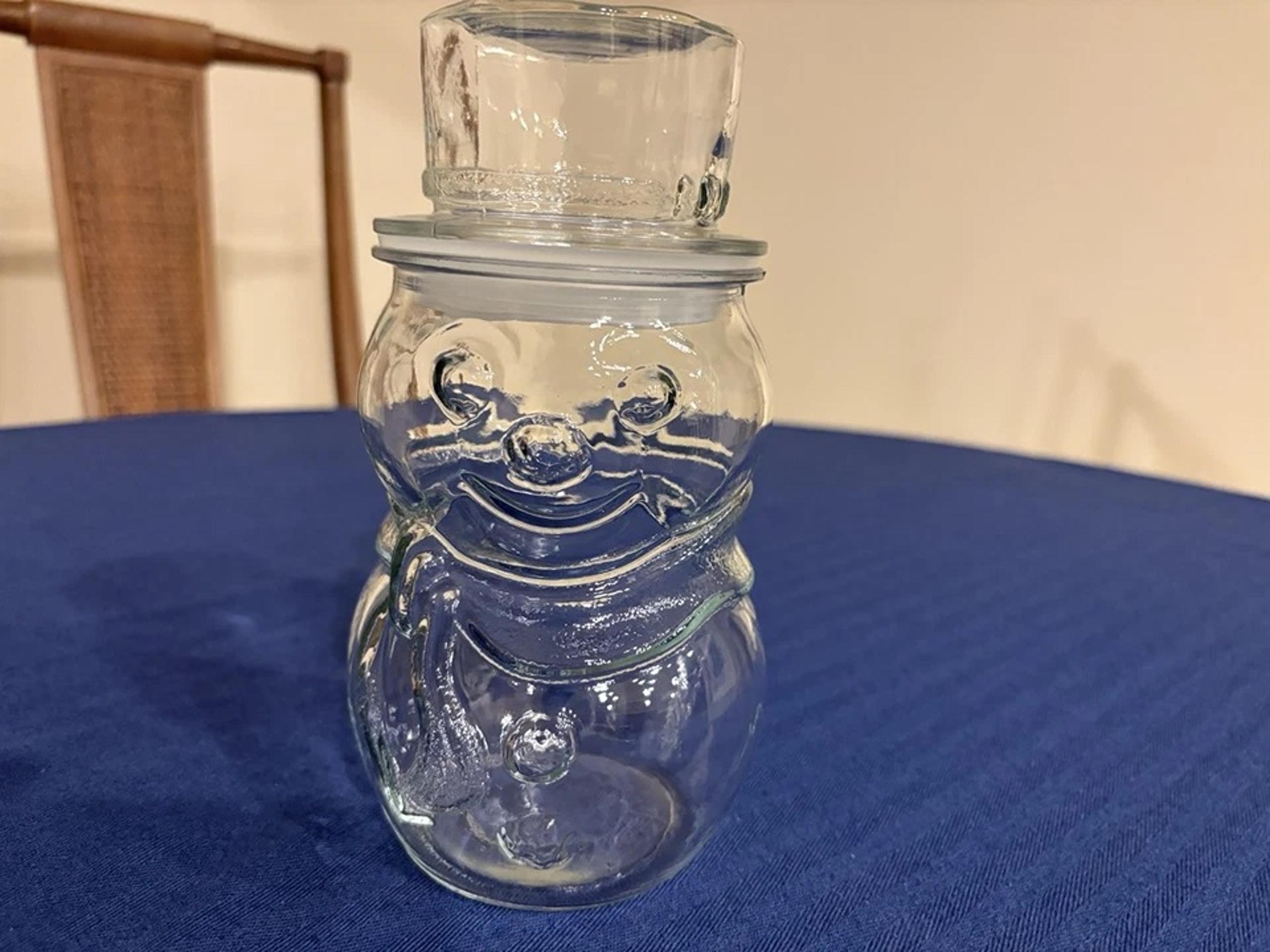 Vintage Glass Snowman Christmas Candy Treat Jar Clear Canister 8” Airtight Lid