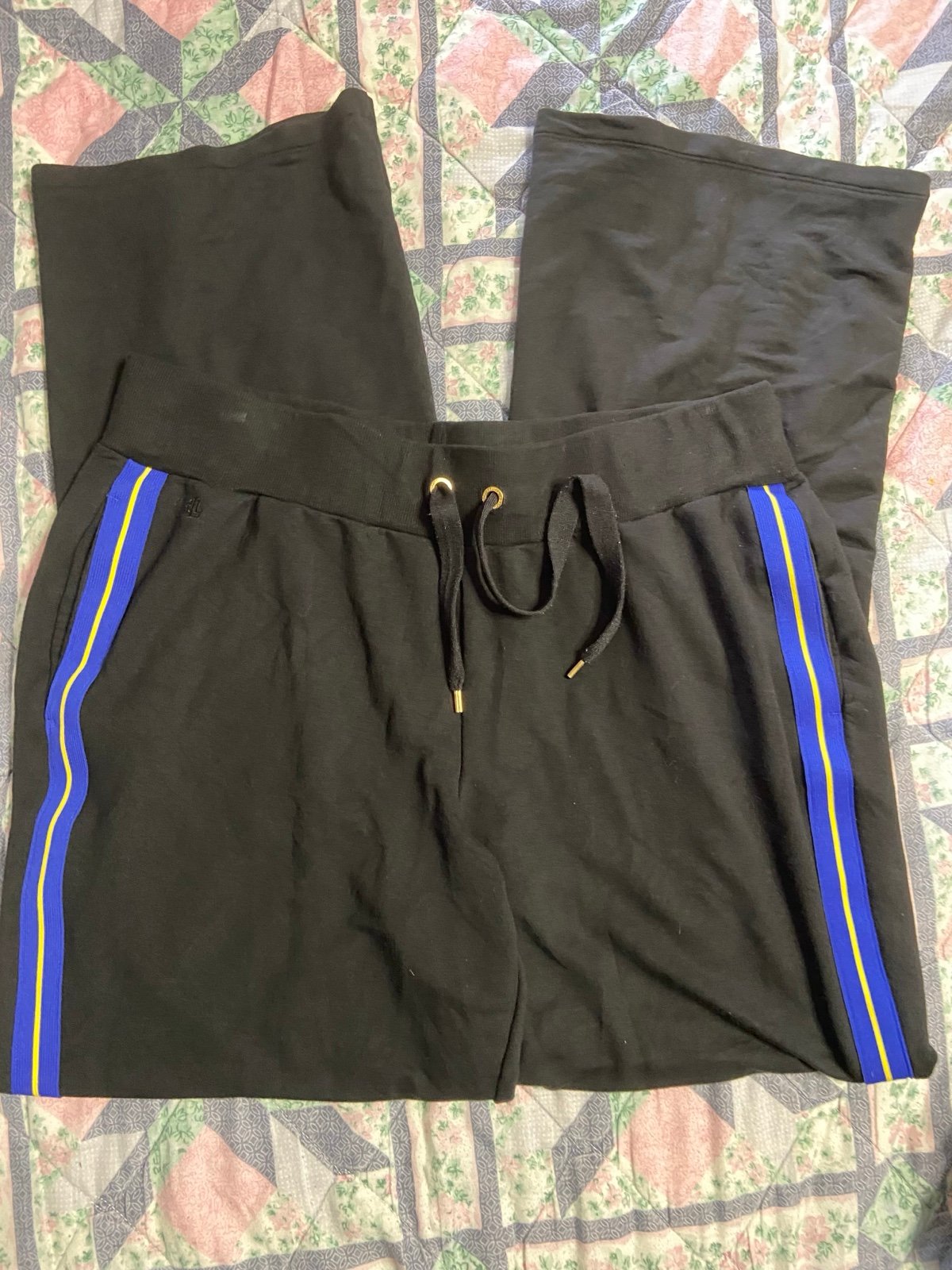 T7- LAUREN RALPH LAUREN Blue Stripe Black Sweatpants