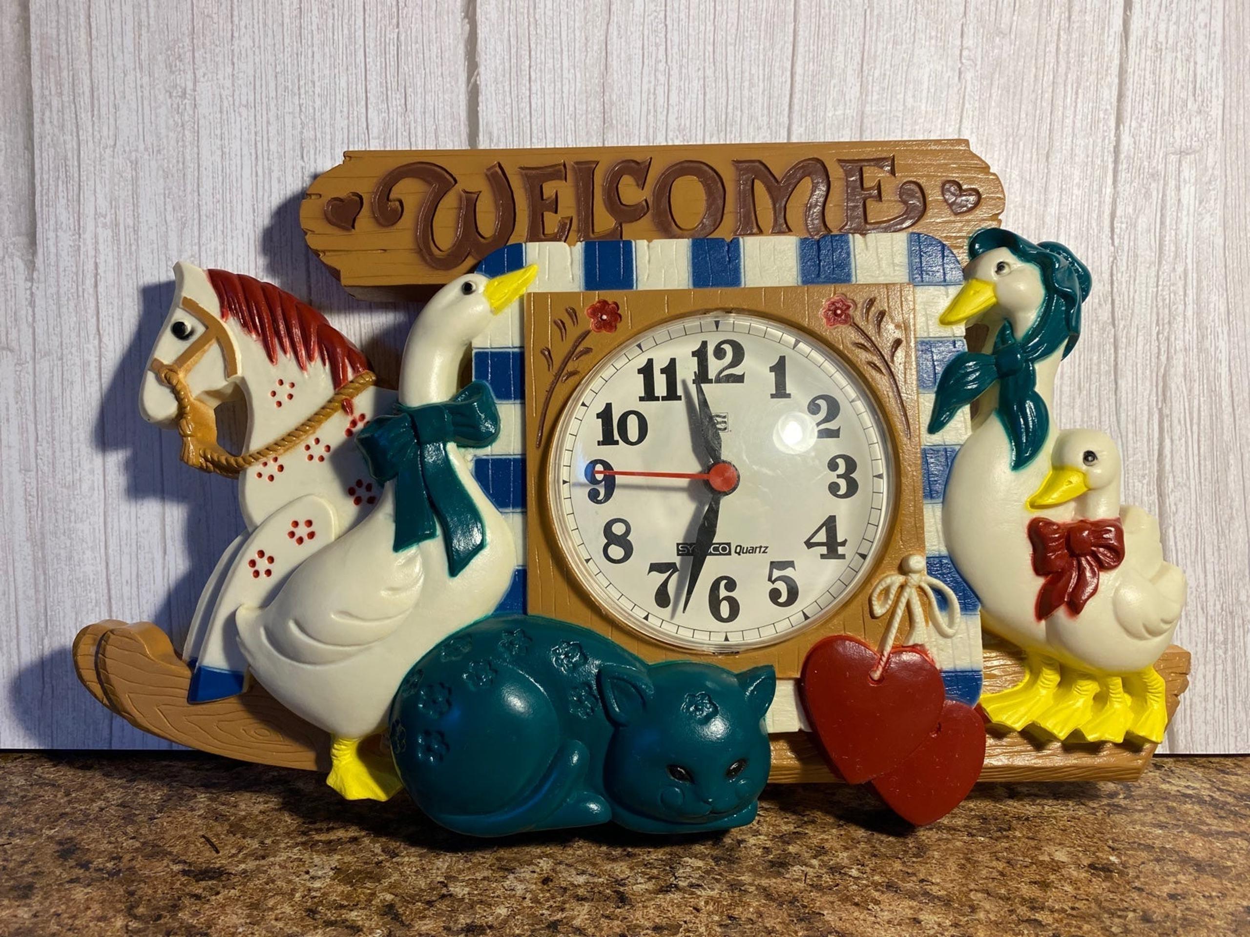 Vintage 1986 Burwood Syroco Clock #2831 Geese Welcome Hearts Cat Rocking Horse
