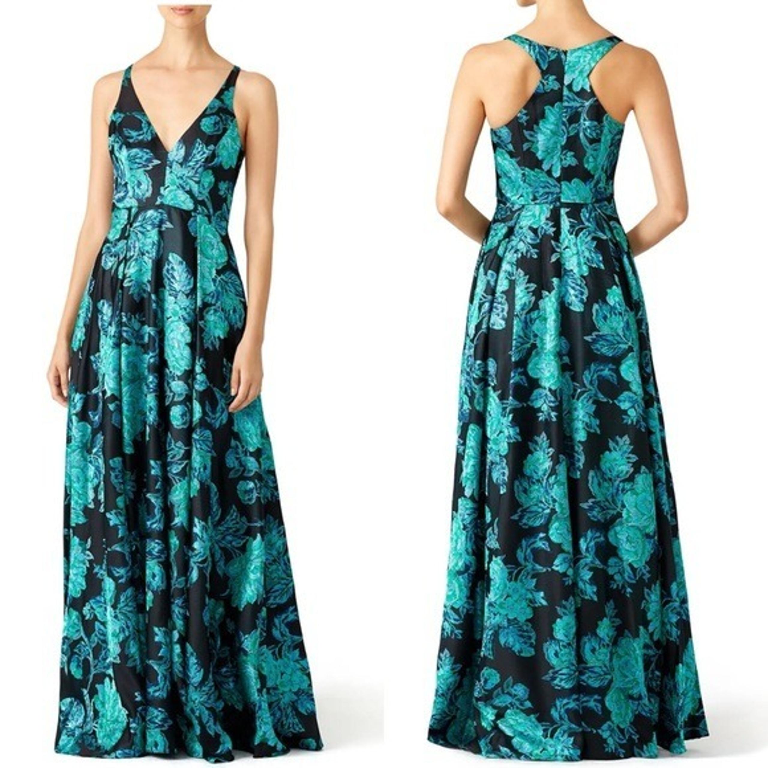 Badgley Mischka Teal Shimmer Metallic Foil Gown 10 Sleevleess Floral Jacquard