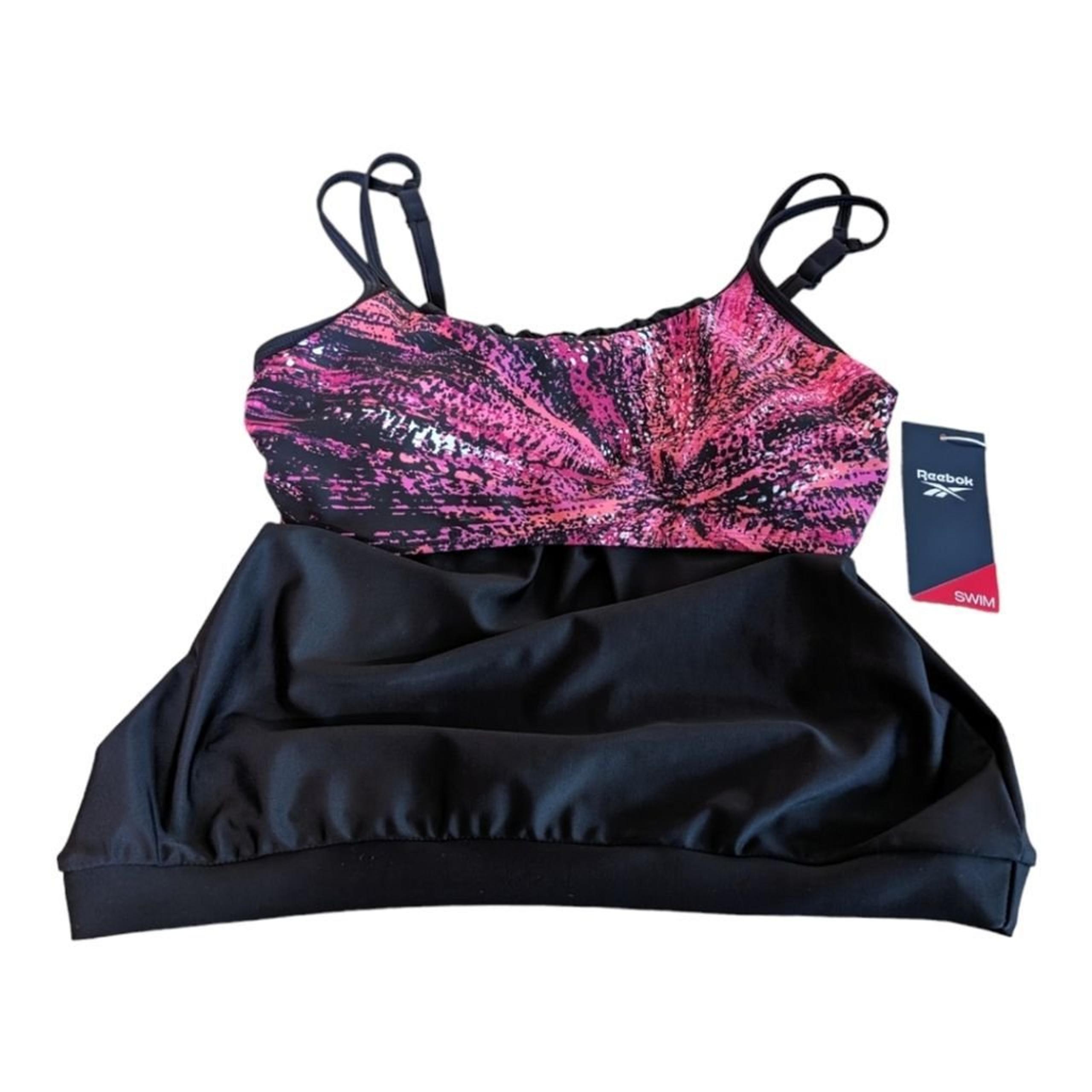 Reebok Poolside Black w/Pink Geo Print Tankini Top Size 6 NWT