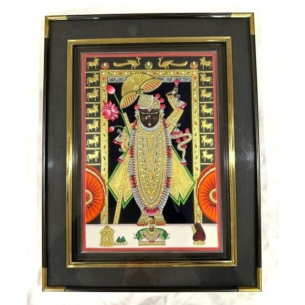 Vintage Indian Shreenathji Shrinathji Chappan Bhog Cow Framed Wall Art