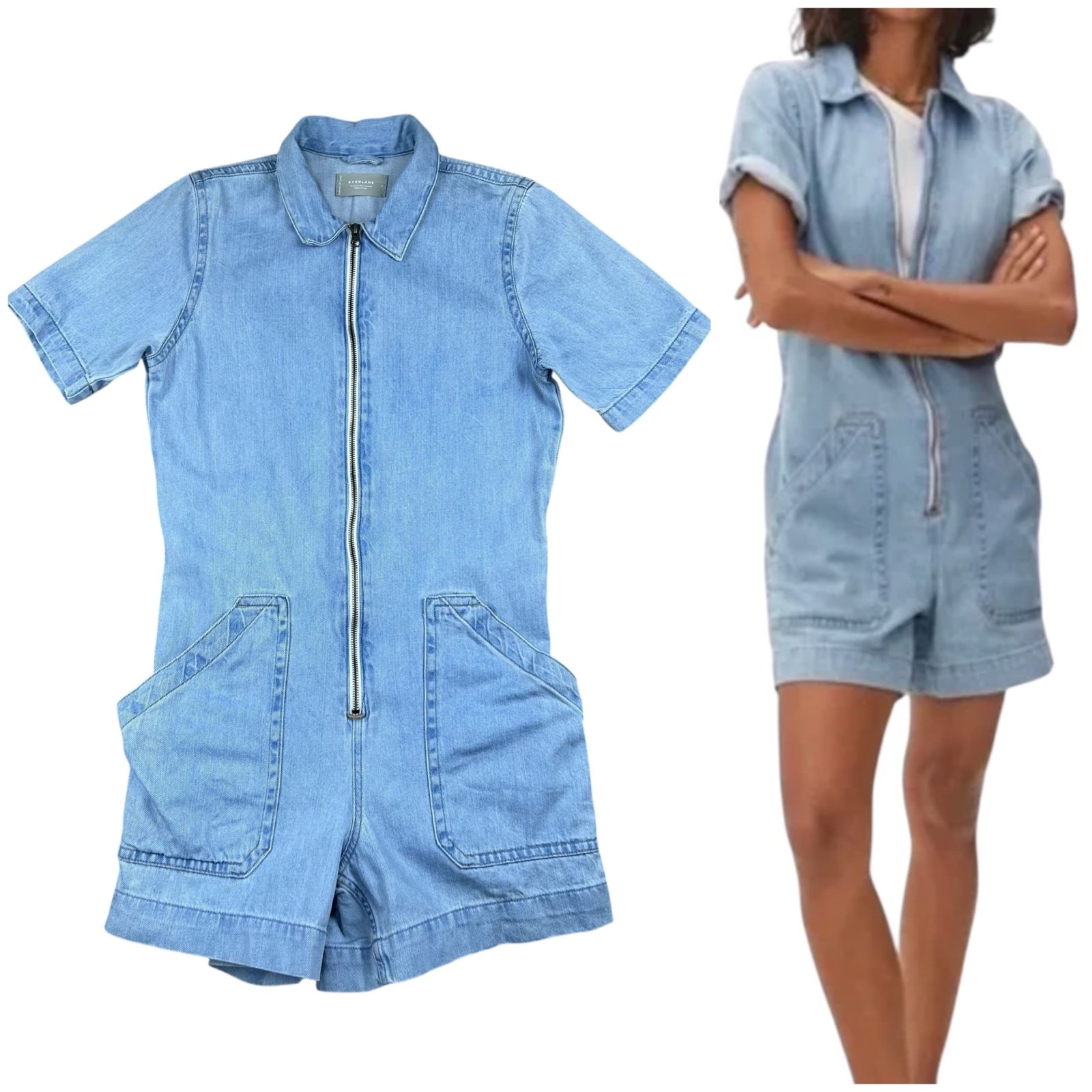 Everlane Womens Denim Short Coverall Sz 8 Organic Cotton Packets Workwear