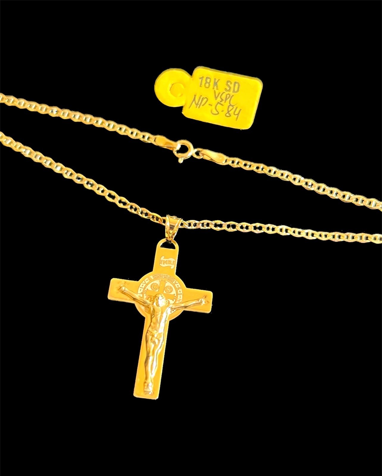 18k solid gold 20 in flat mariner chain with cross