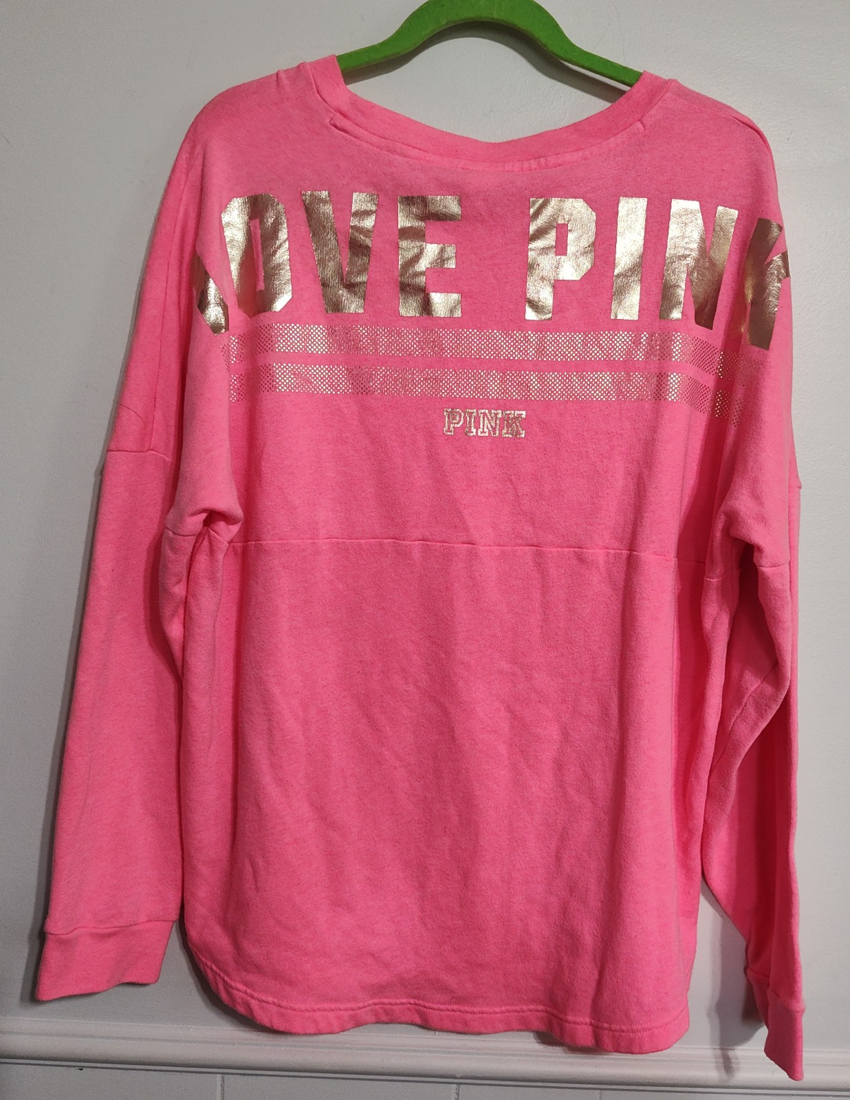Victorias Secret Pink Graphic Foil BLING Varsity Crew Sweatshirt Size Large