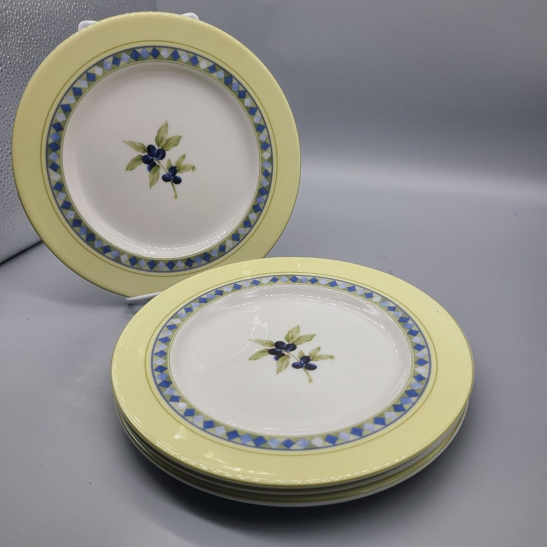 Set (4) Royal Doulton Carmina 9 Salad Luncheon Plates Olives Yellow Blue