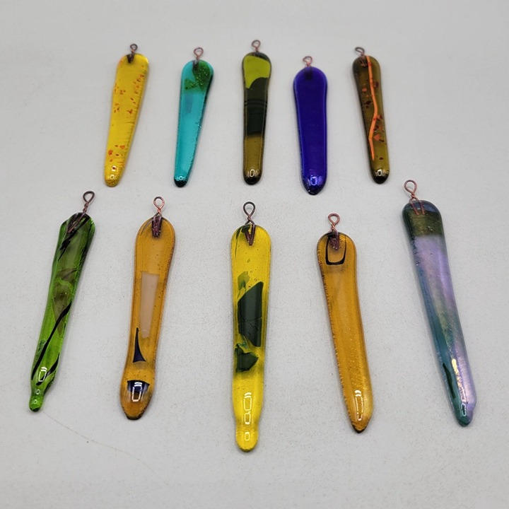 Handmade Fused Glass Icicle Ornaments Multicolor Iridescent Set of 10