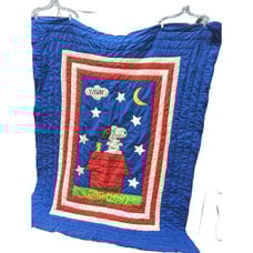 Snoopy & Woodstock Goodnight! Hand Crafted Made Comforter Quilt Blue Embroidered