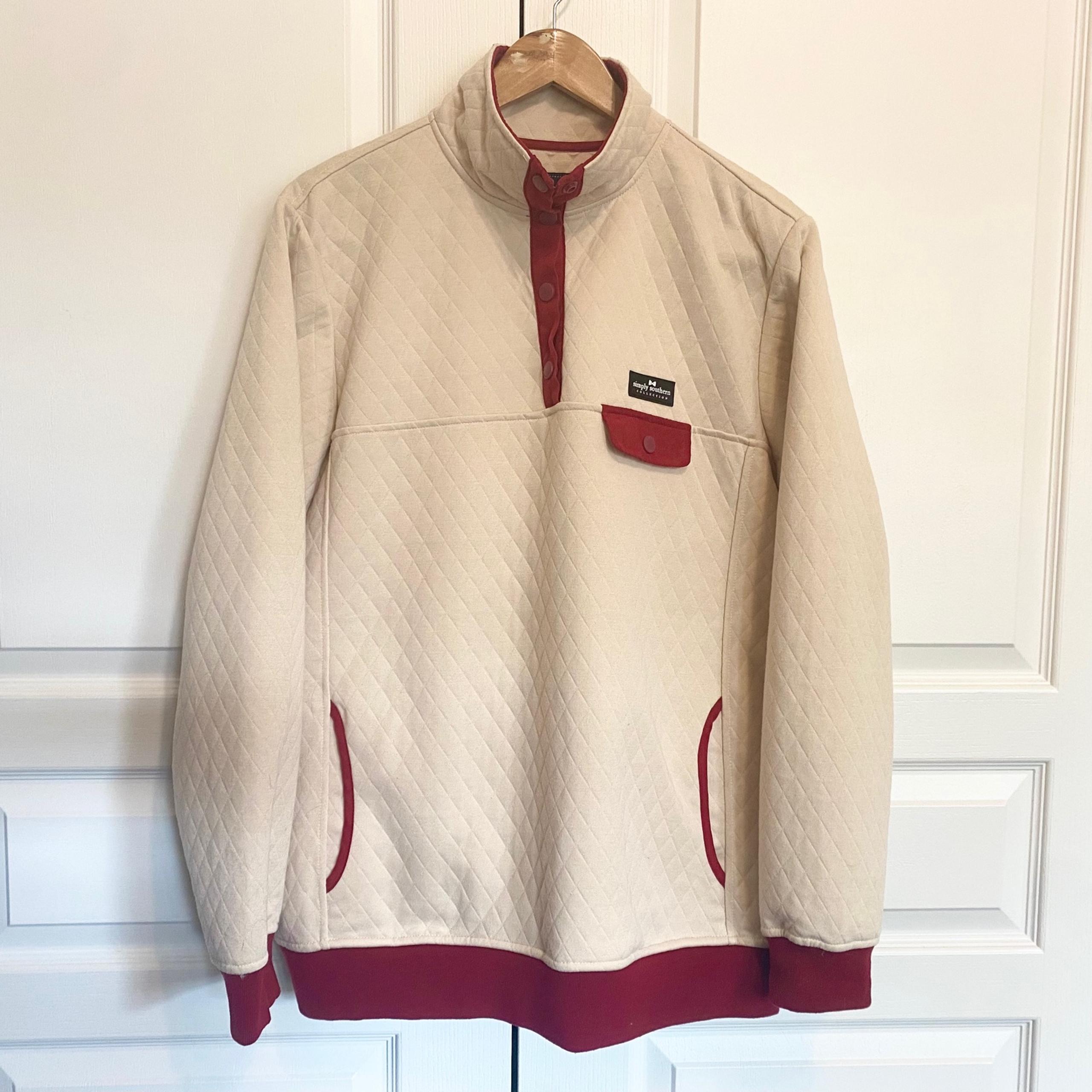 Simply Southern Cream Burgundy 1/4 Snap Button Quilted Pullover Womens XL