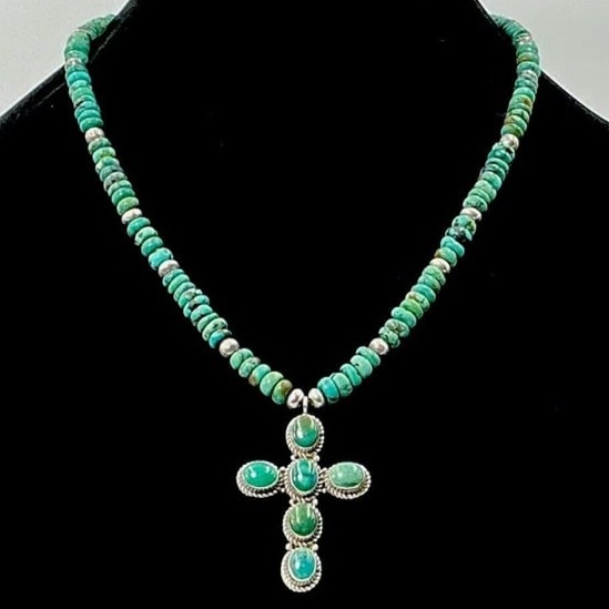 Sterling Silver Vintage Native American Cross Pendant Beaded Necklace 20”