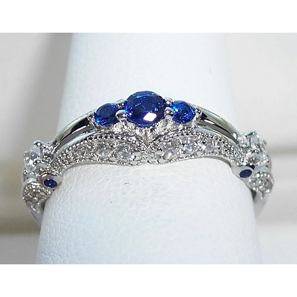 Size 8, 925 STERLING SILVER Antique Style Blue Spinel CZ Filigree Ring