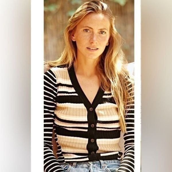 Naadam Silk & Cashmere Black/Tan/White Striped Cardigan Sweater. Size Small. NWT