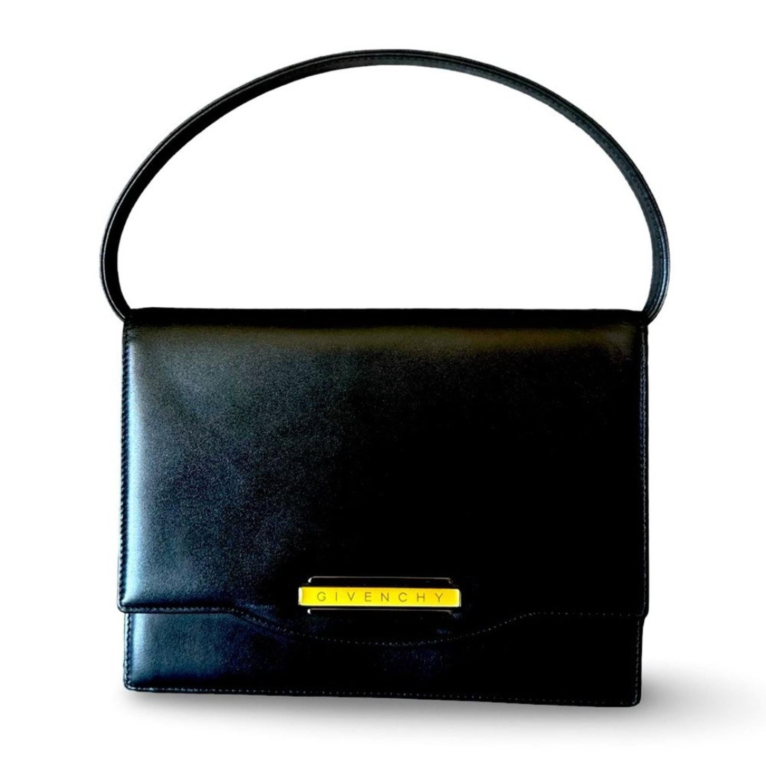 Givenchy Maroquinerie Black Leather Handbag Curved Handle Logo Exterior Clean