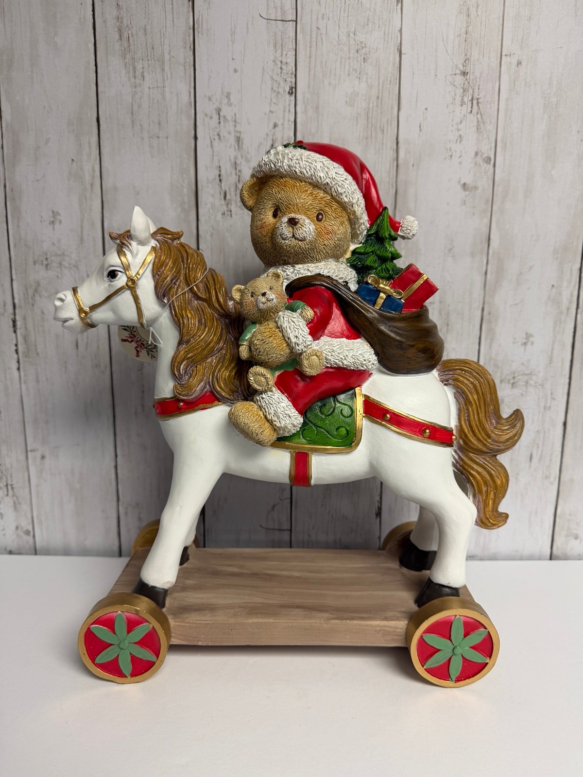 Wellesley Manor Christmas Holiday Santa Bear Rocking Horse Figurine Statue NWT