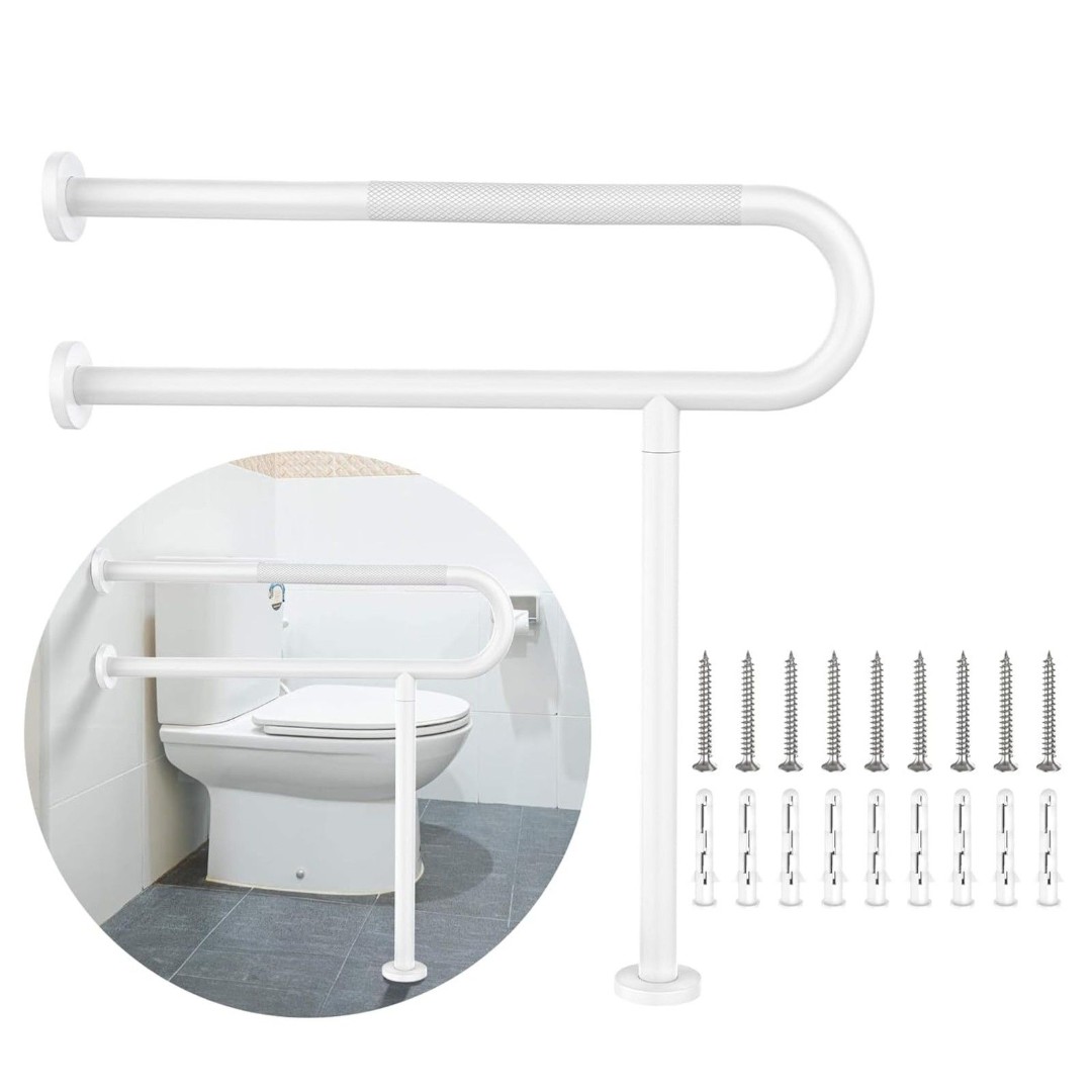 White Toilet Support Rail 31.3X 31.5 Inch,Anti-Slip Floor to Wall Handicap Bar