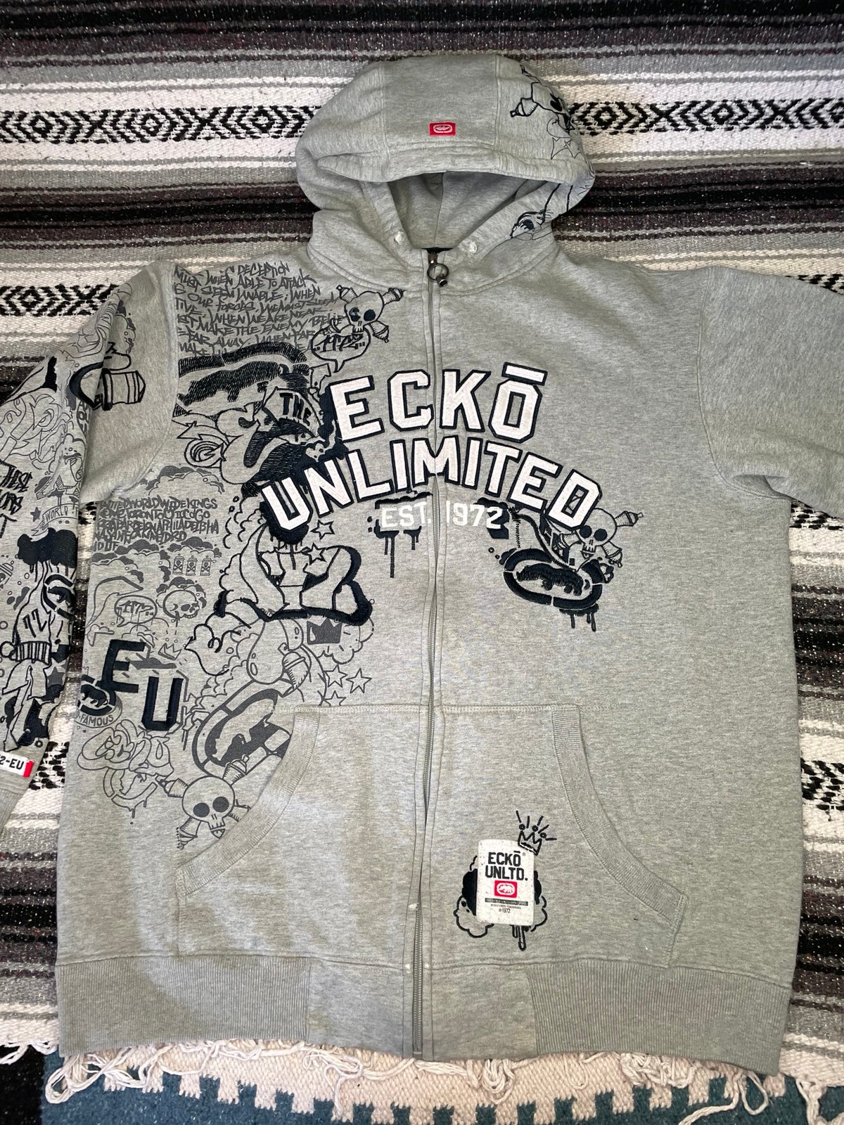 Y2K Ecko Unlimited Embroidered Full Zip Hoodie Sweatshirt Grey Jesse Pinkman H9
