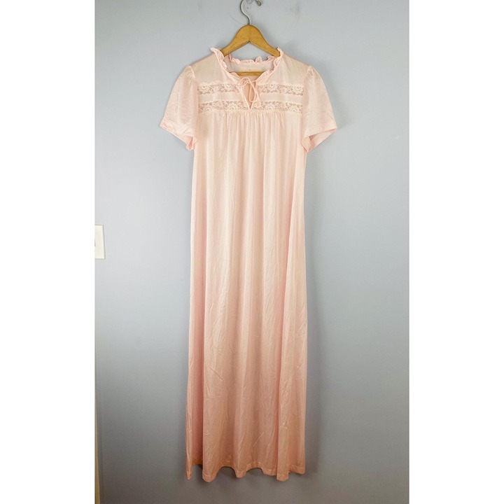 Vintage NWT Shadowline 80s Nightgown with Embroidered Detail, Size S, Light Pink