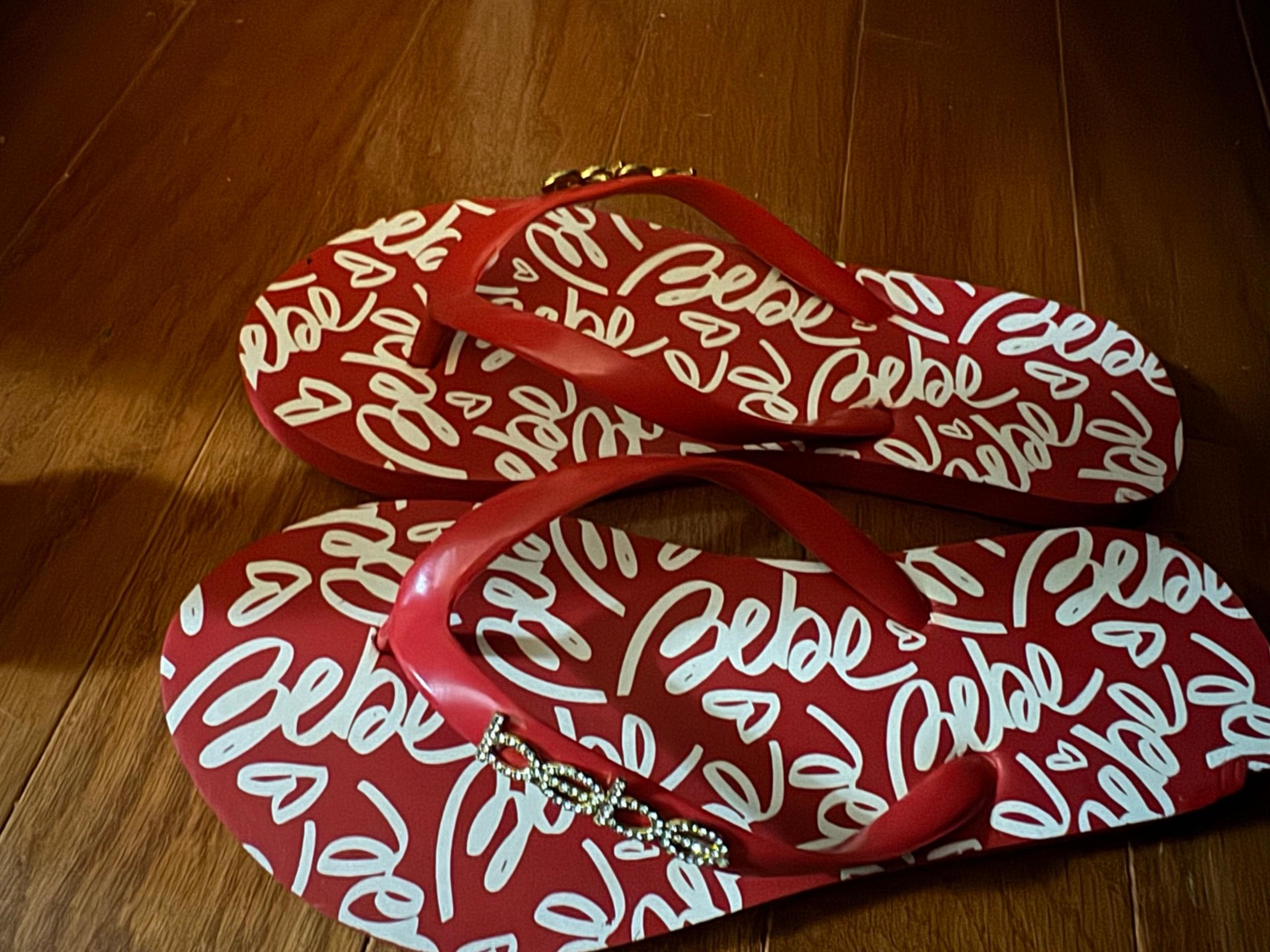 NWT Bebe Flip Flops Red & White Logo Print with Rhinestone Straps – Size 6M
