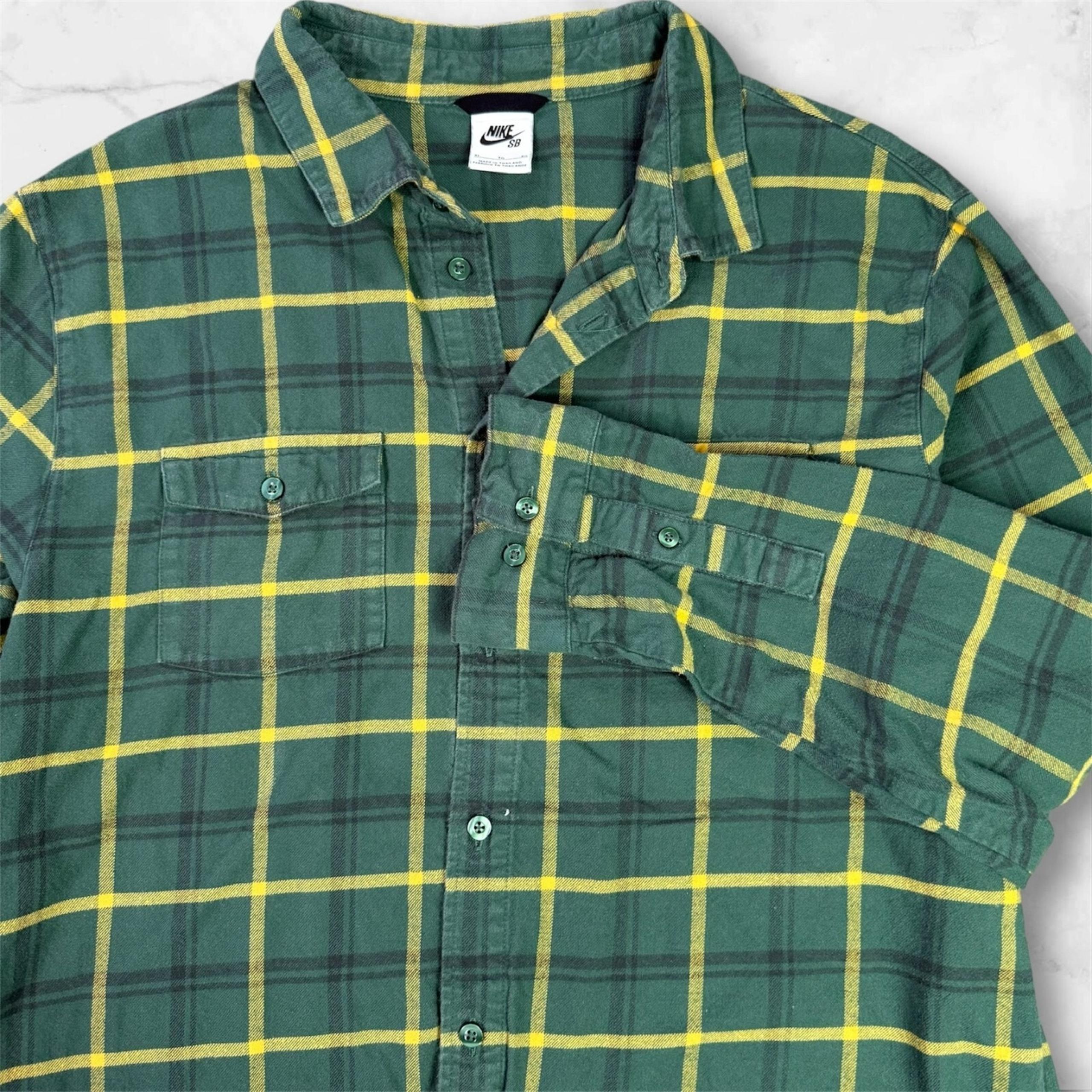 Nike SB Shirt Mens XL Green Yellow Plaid Button Up Long Sleeve Cotton Skateboard
