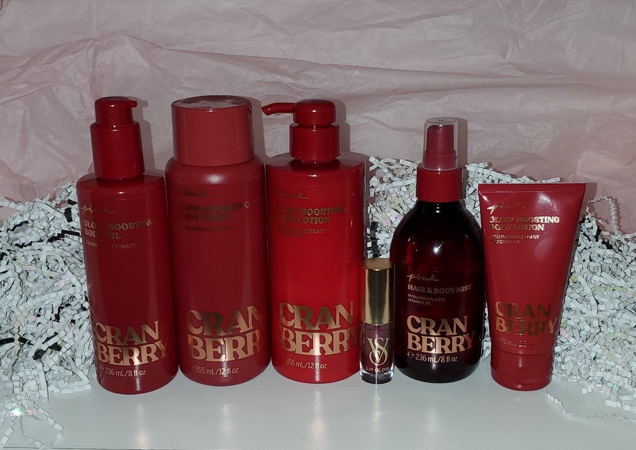 ⭐️ VSPINK GLOW-BOOSTING CRANBERRY BODY ROUTINE & FRAGRANCE COLLECTION + LIPOIL.