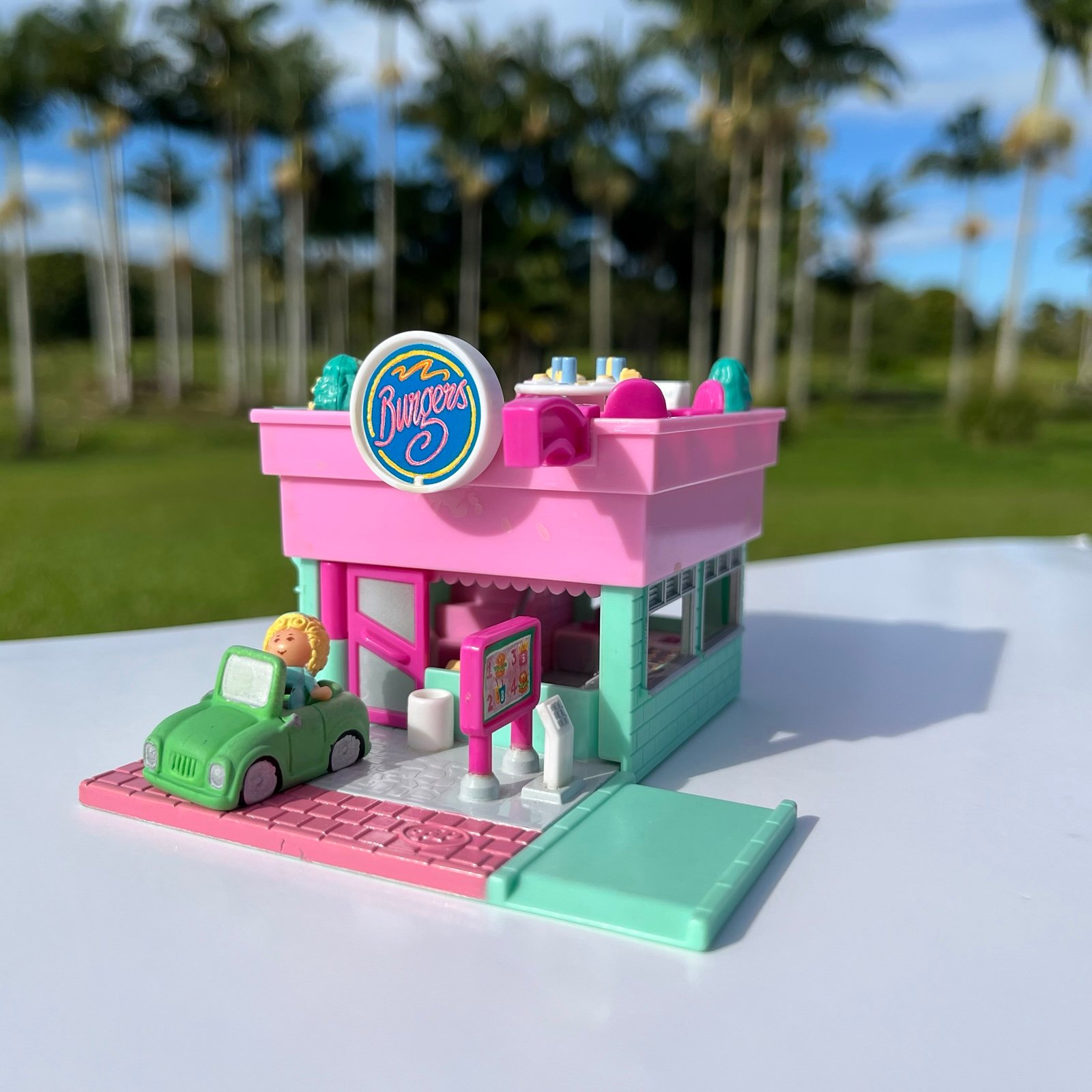 Vintage Polly Pocket 1994 Drive In Burger Restaurant with Doll and Car Included