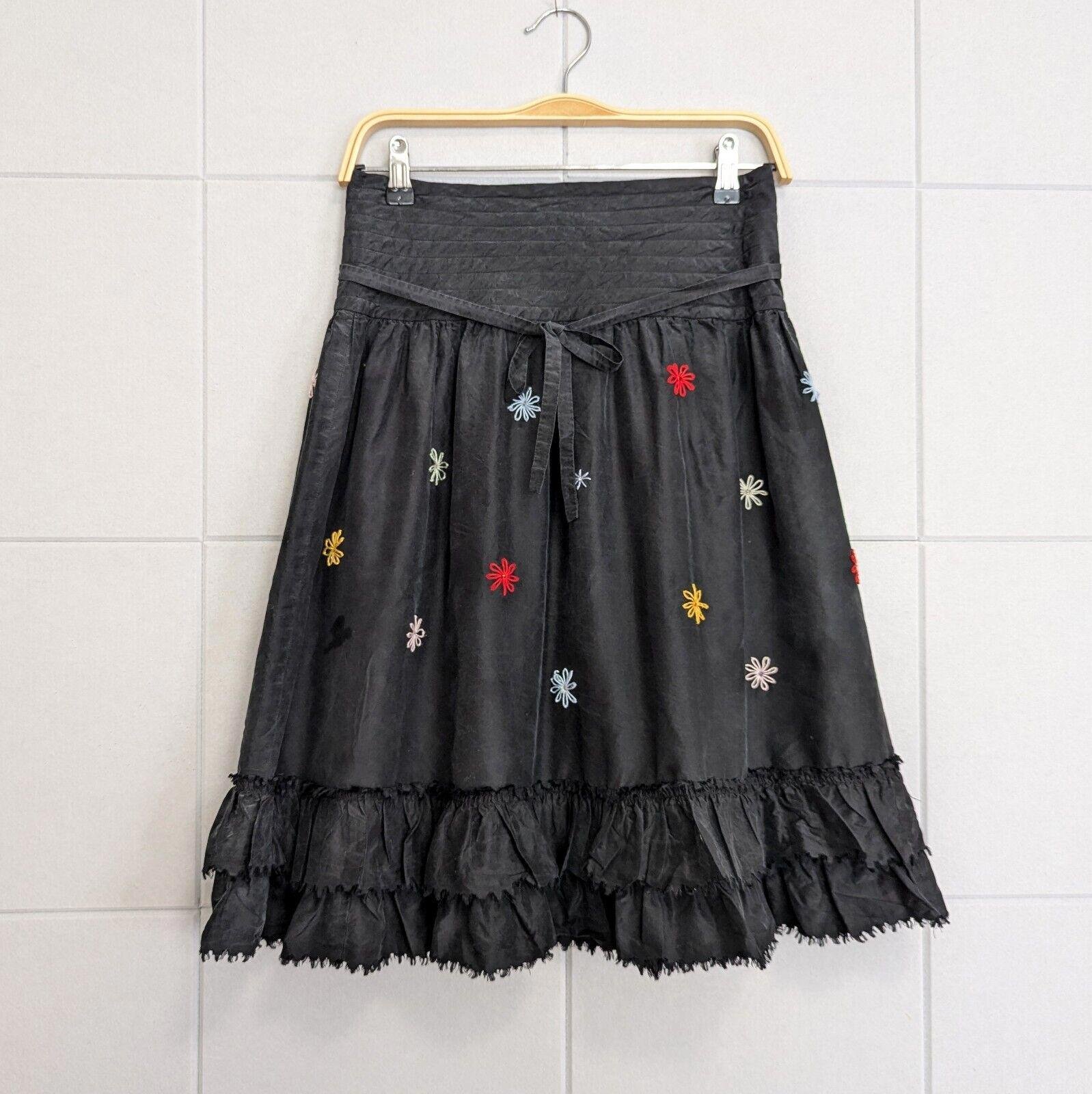 Vintage Y2K DKNY 100% Silk Flare Ruffle Colorful Flower Embroidery A-Line Skirt