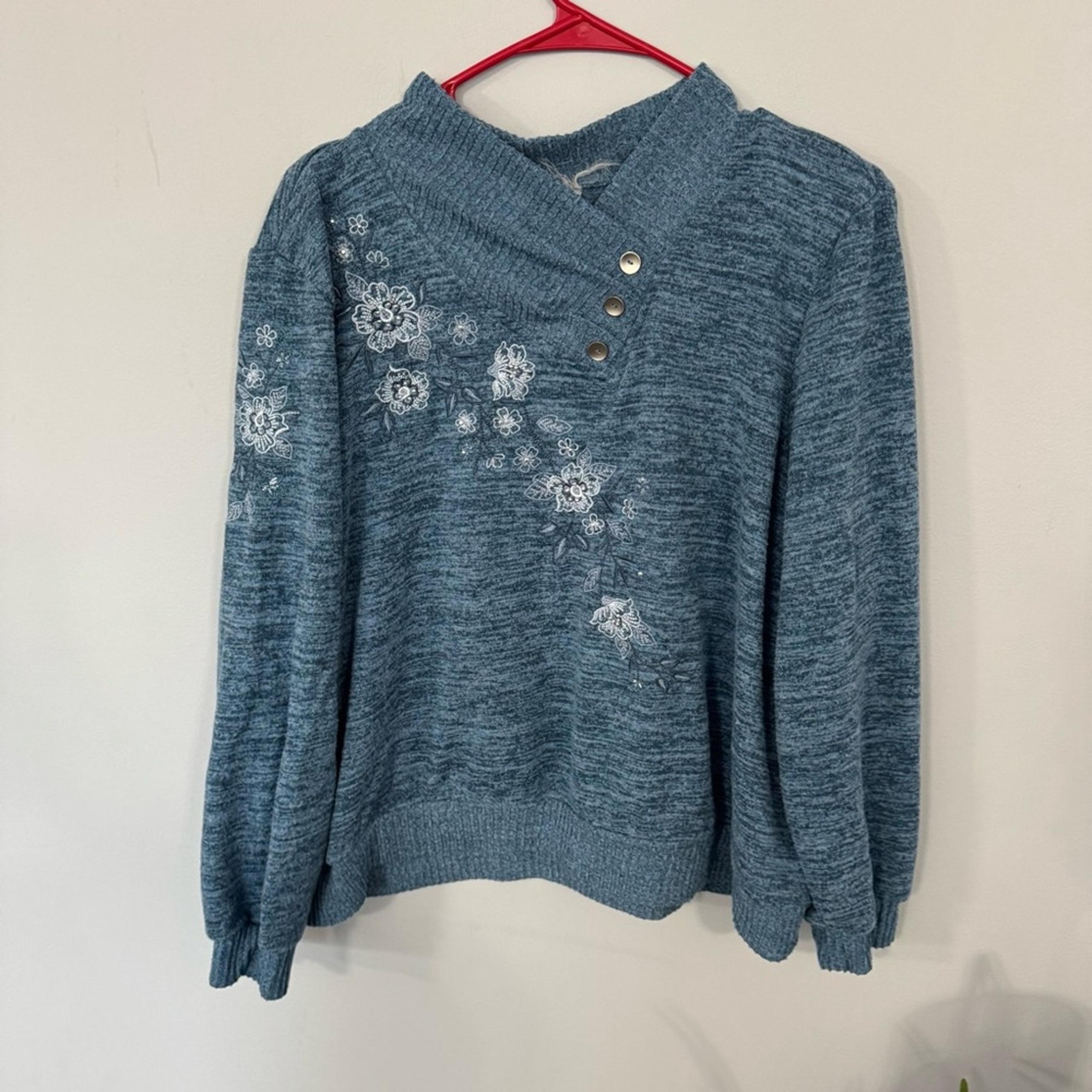 Alfred Dunner Blue Floral Embroidered Short Cowl Neck Sweater Plus Size 1X