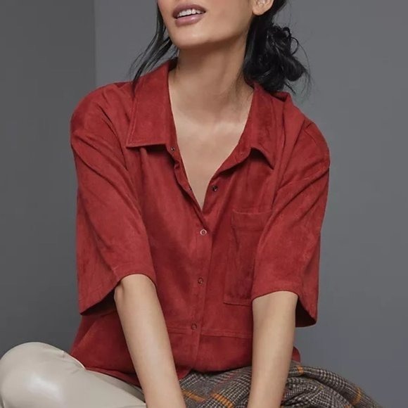 NWT Sunday in Brooklyn Clarke Sueded Buttondown Top Red Anthropologie Large