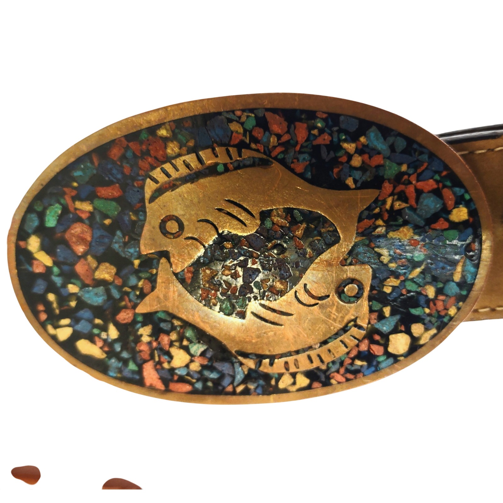 Vintage Alpaca Mexico Belt Pisces Zodiac Mosaic Inlay Leather Western Style
