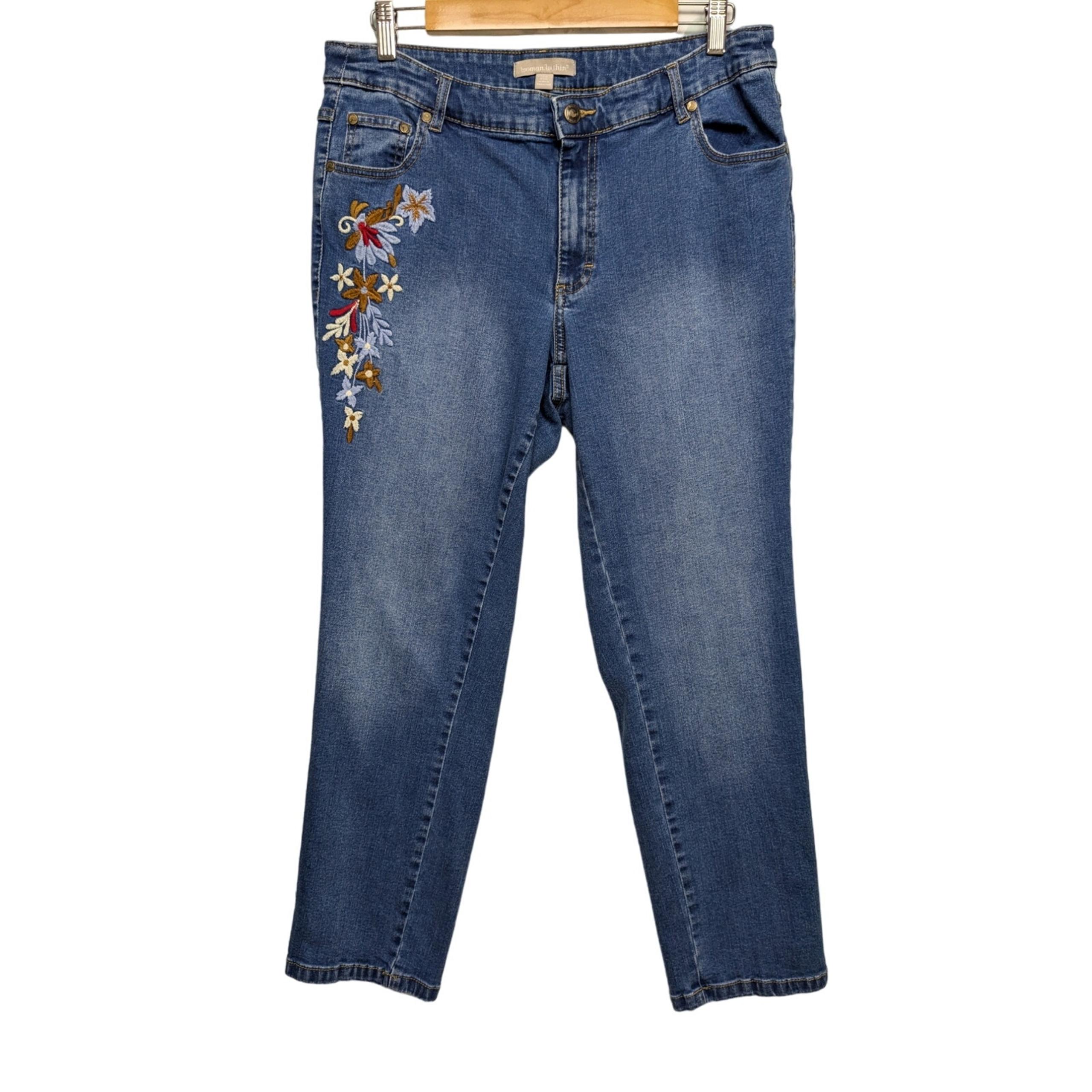 Woman Within Floral Embroidered Taper Leg Jeans Medium Wash Denim Sz 12W Petite
