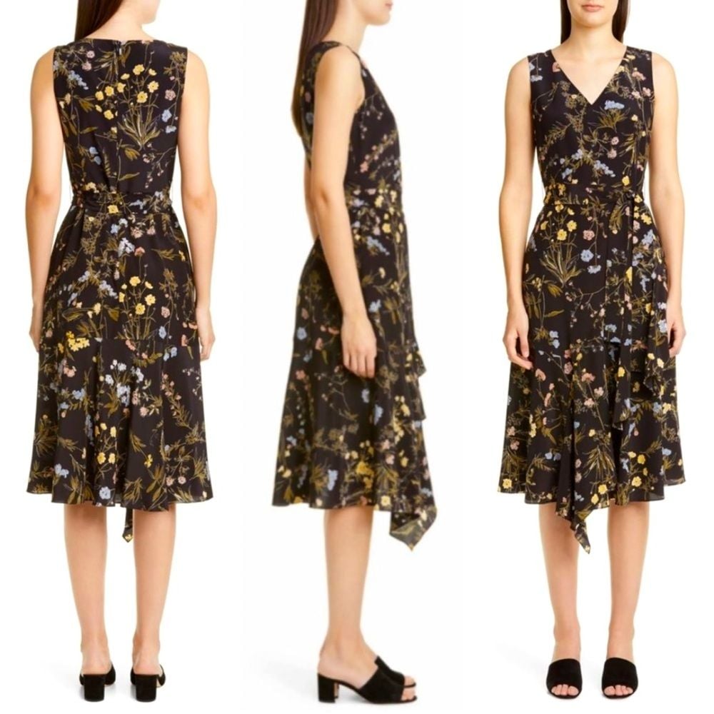 Lafayette 148 New York Asymmetrical Midi Dress Black Floral 100% Silk SZ 8 NEW