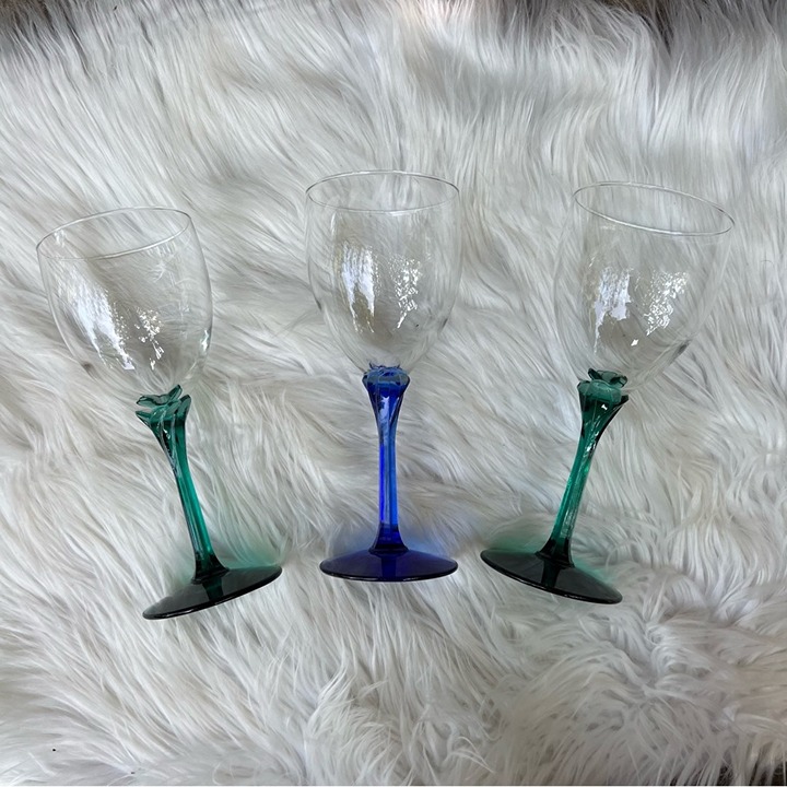 Set of 3 Green and Blue Stemmed Wine Glasses