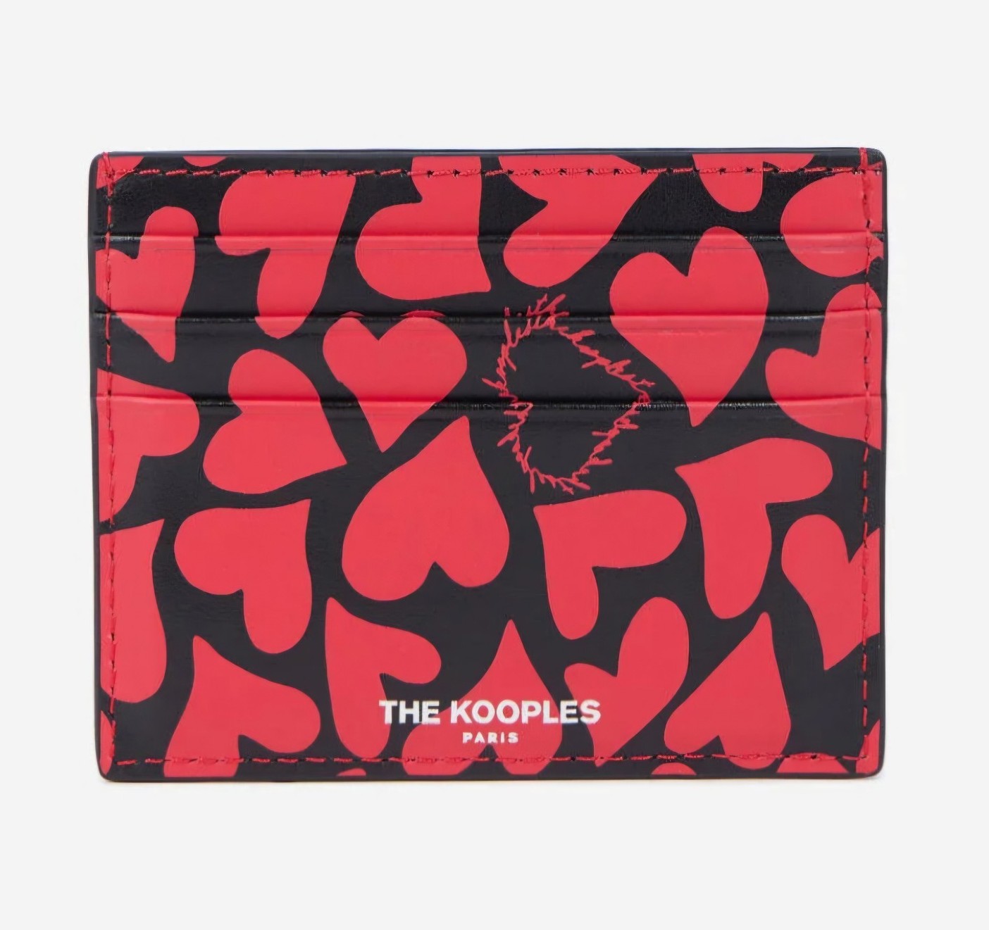The Kooples Black Leather Card Holder with Hearts Print