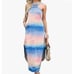 Tie Dye Blue Pink Side Split Halter Maxi Dress With Pockets