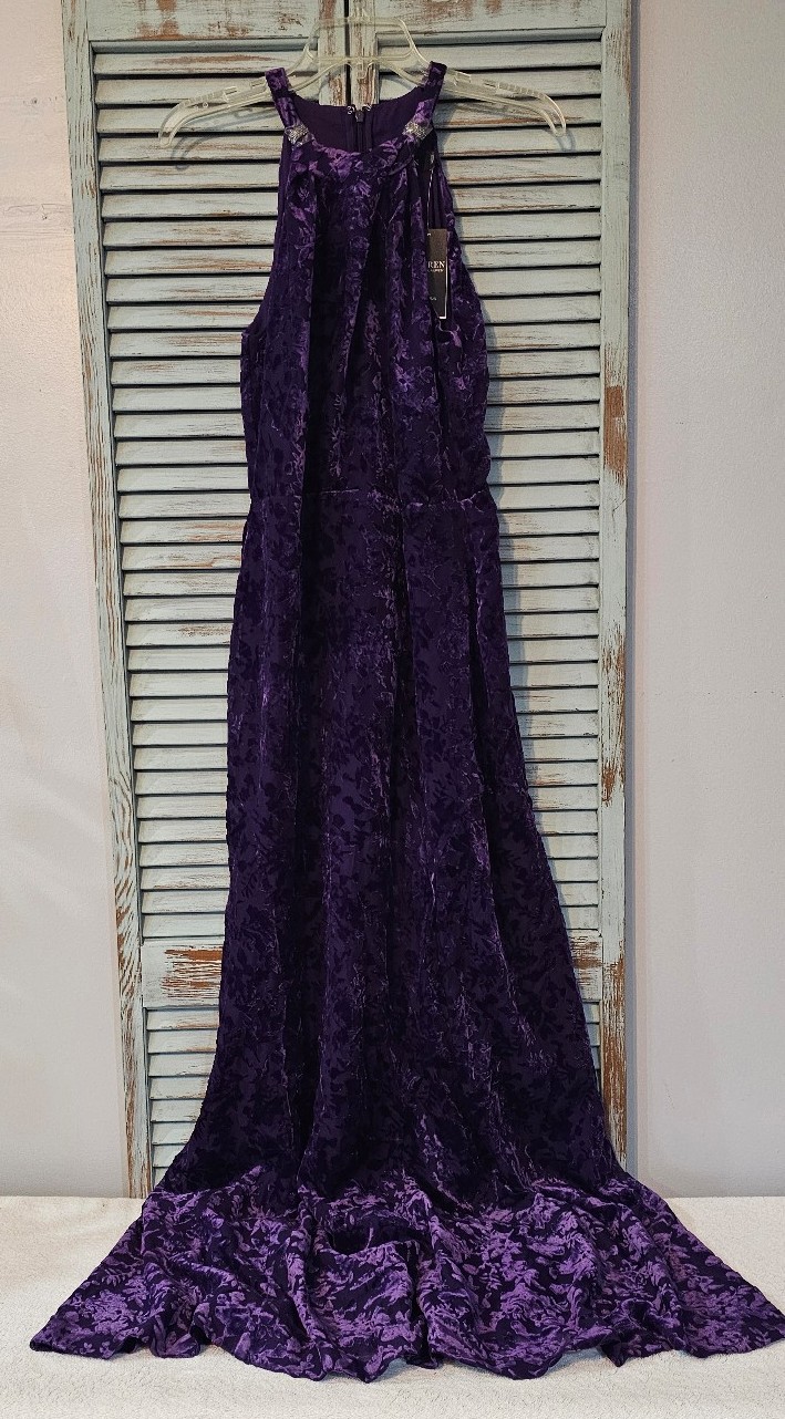 LAUREN RALPH LAUREN VELVET HALTER GOWN Womens 4 Purple Floral Maxi Dress BNWT
