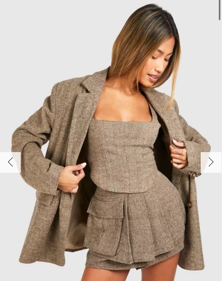 Boohoo tonal herringbone skirt and oversized blazer set 3 piece outfit