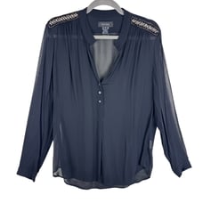 Karen Karen Black Long Sleeve V-Neck 1/4 Button Sheer Beaded Blouse Size M