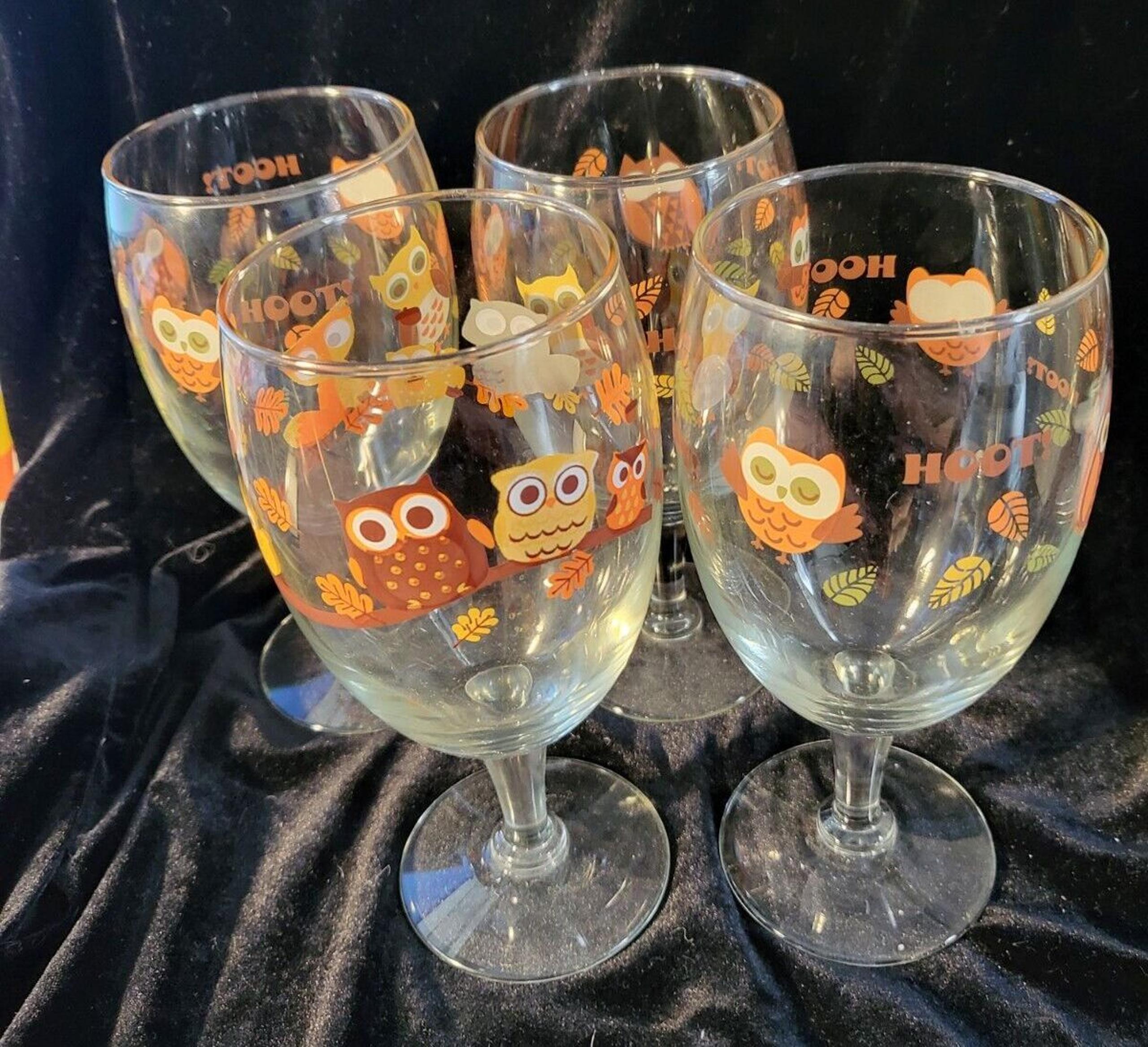 Libbey Hoot Owls Fall Coloring Fox Raccoon Goblet 7" Glass Wine/Water 4 Set
