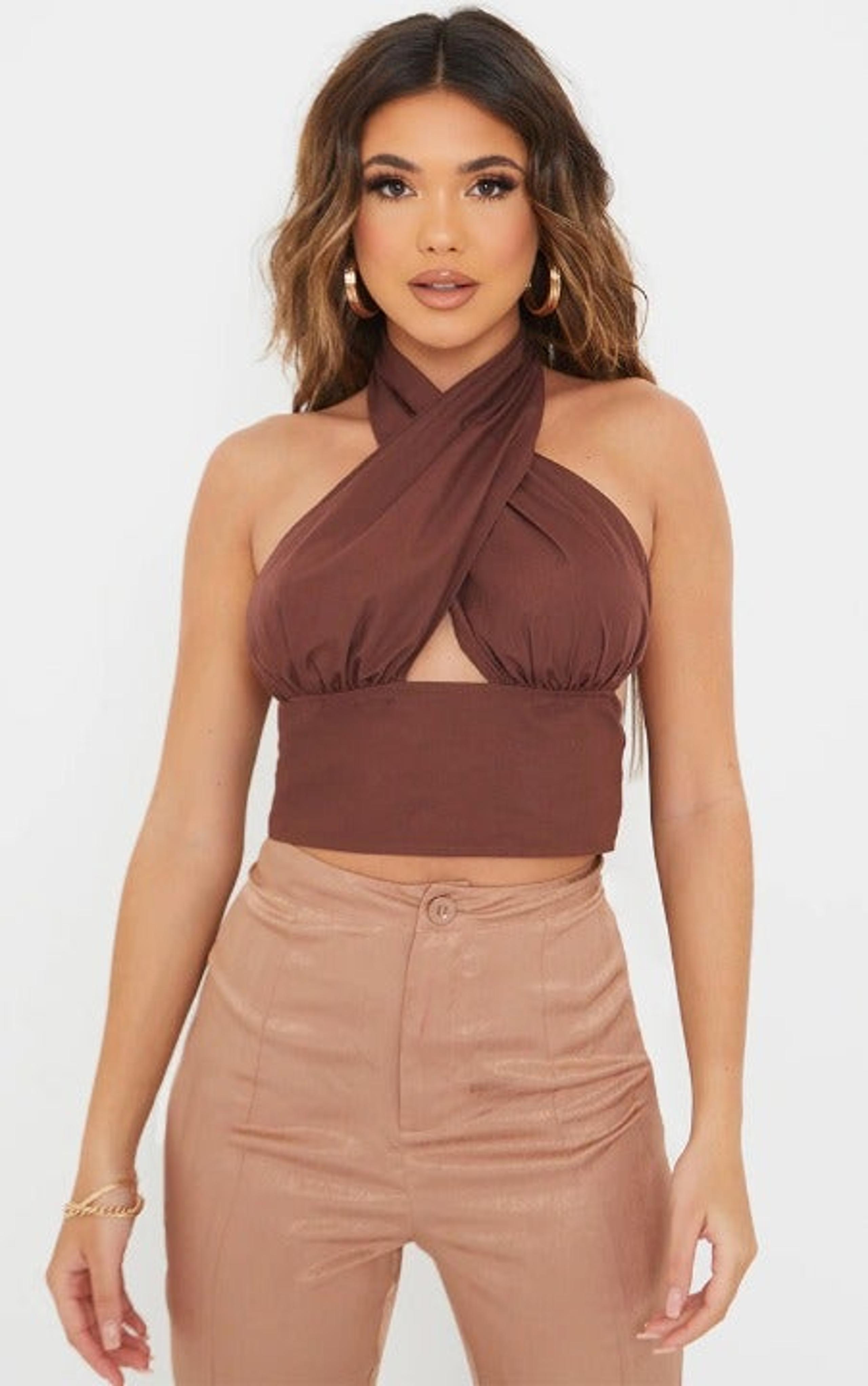 Chocolate Woven Cross Front Halterneck Tie Back Top