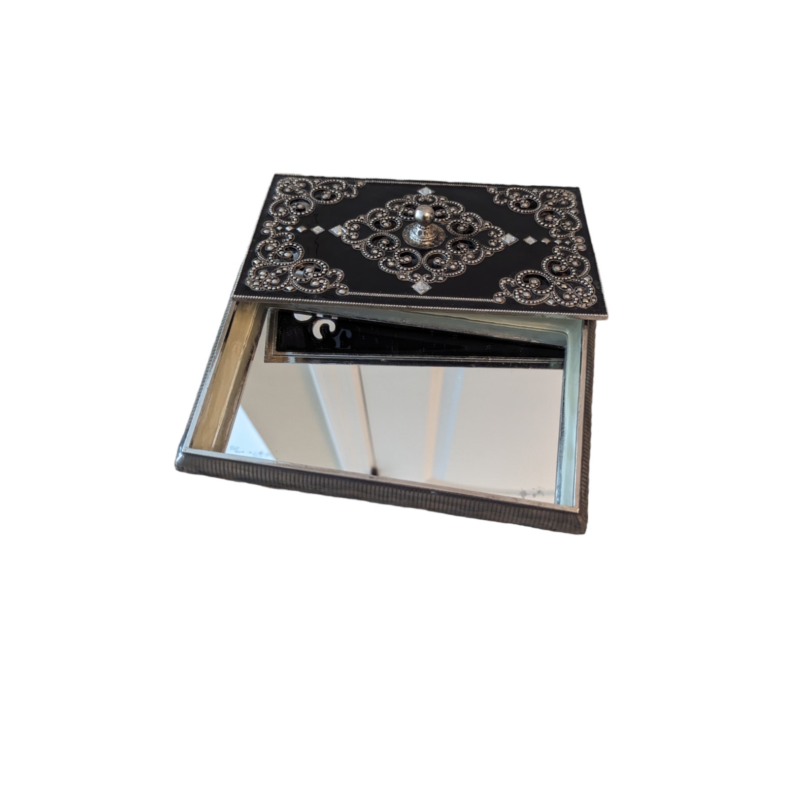 Vintage ornate mirrored jewelry box black & silver