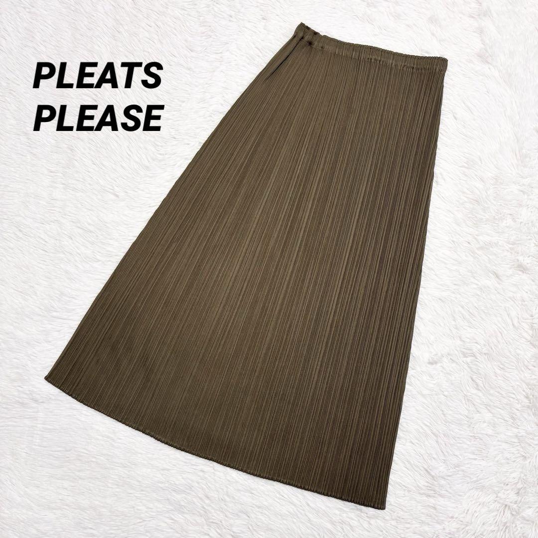 PLEATS PLEASE Issey Miyake Pleated Long Skirt, Khaki, Size 2