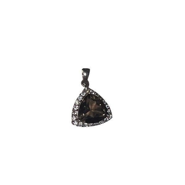 New Faceted Smokey Quartz CZ Diamond Trim Sterling Silver Signed Pendent