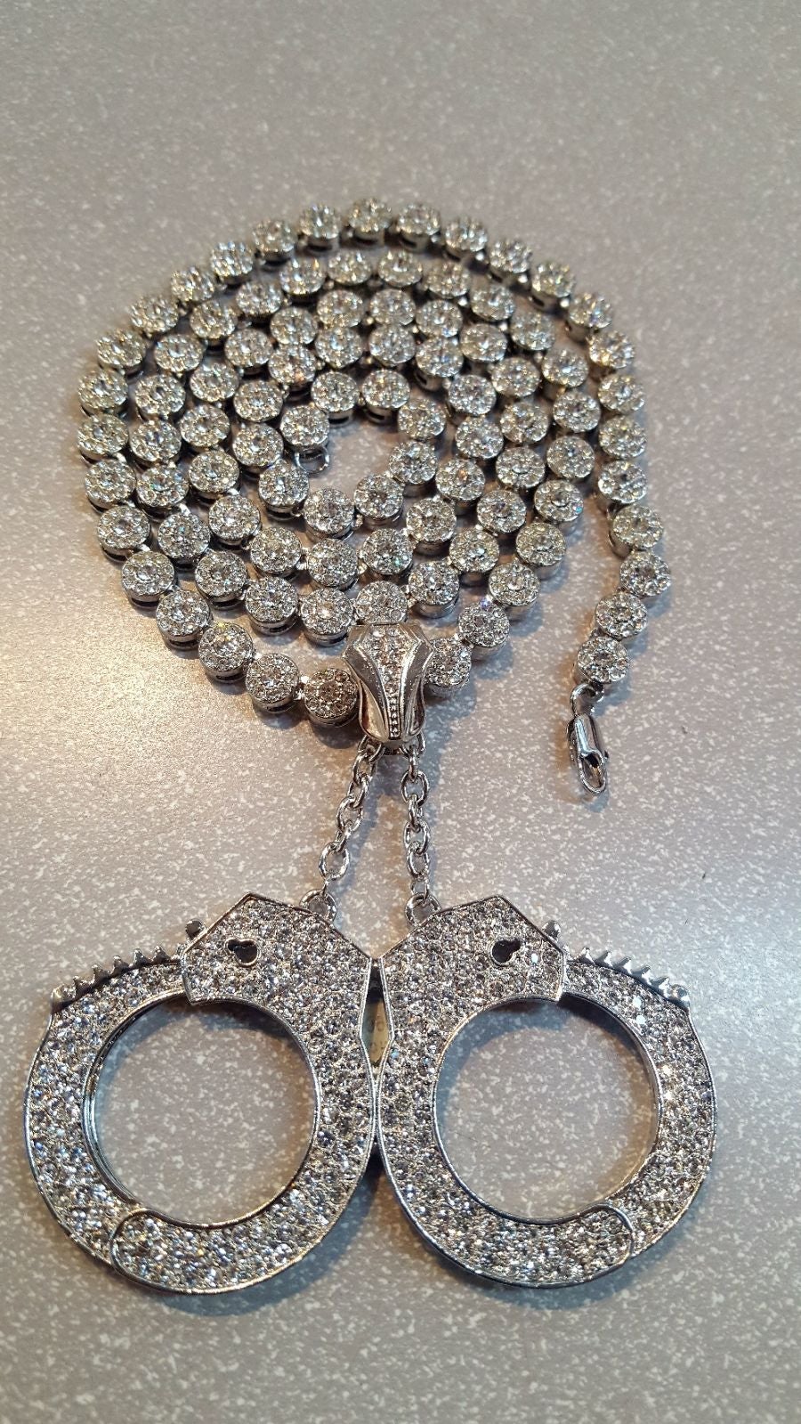 Iced Handcuff Large Silver Plated Pendant & 18 Flower Chain Hip Hop Necklace