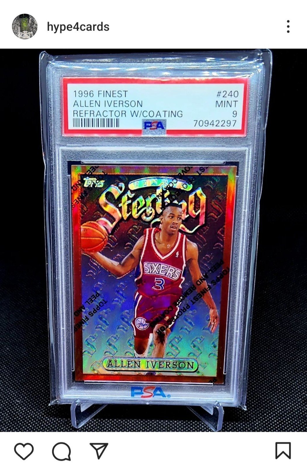 1996-97 Topps Finest 76ers HOF Allen Iverson RC 240 Low Pop Refractor PSA 9 MINT