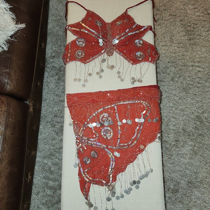 Belly dance Festival Outfit Women Butterfly Design Red Silver Coins\Beads